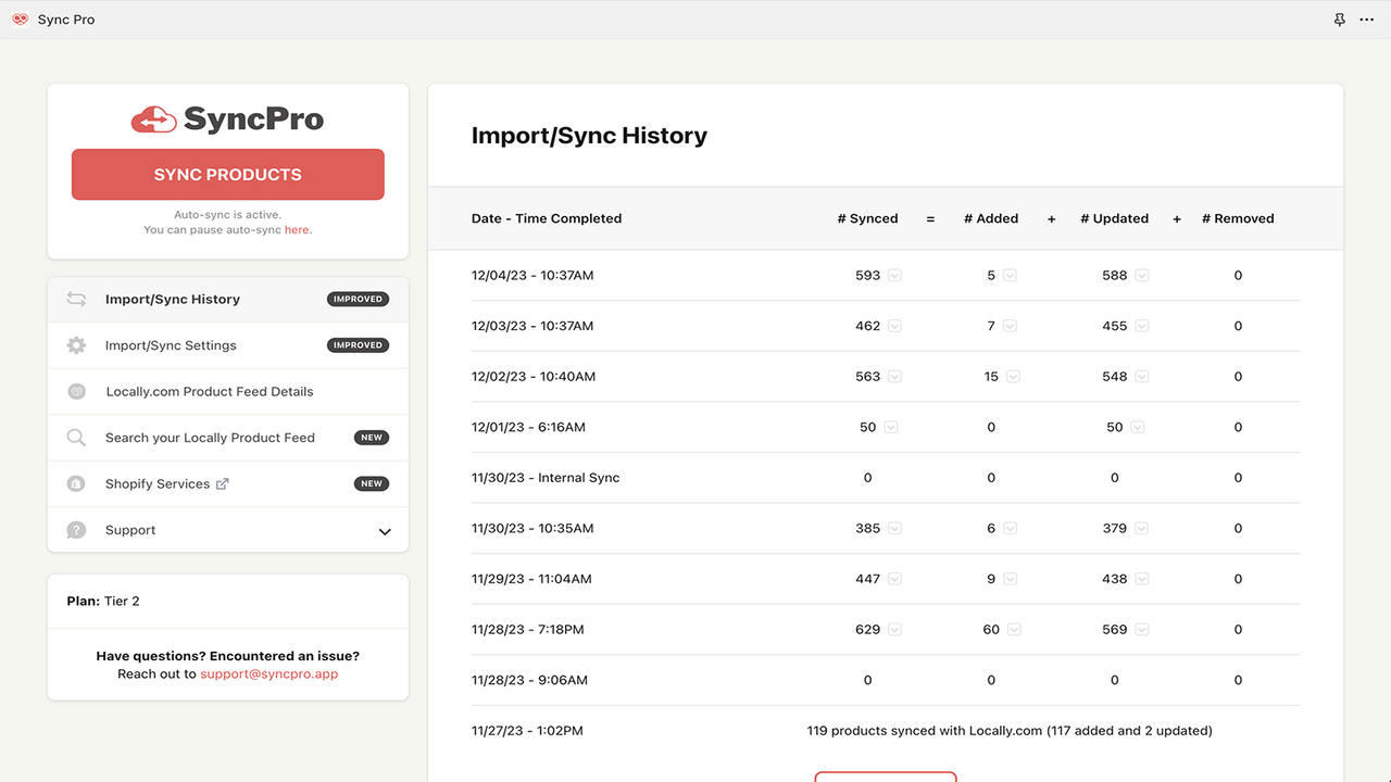 Historique d'importation/synchronisation SyncPro