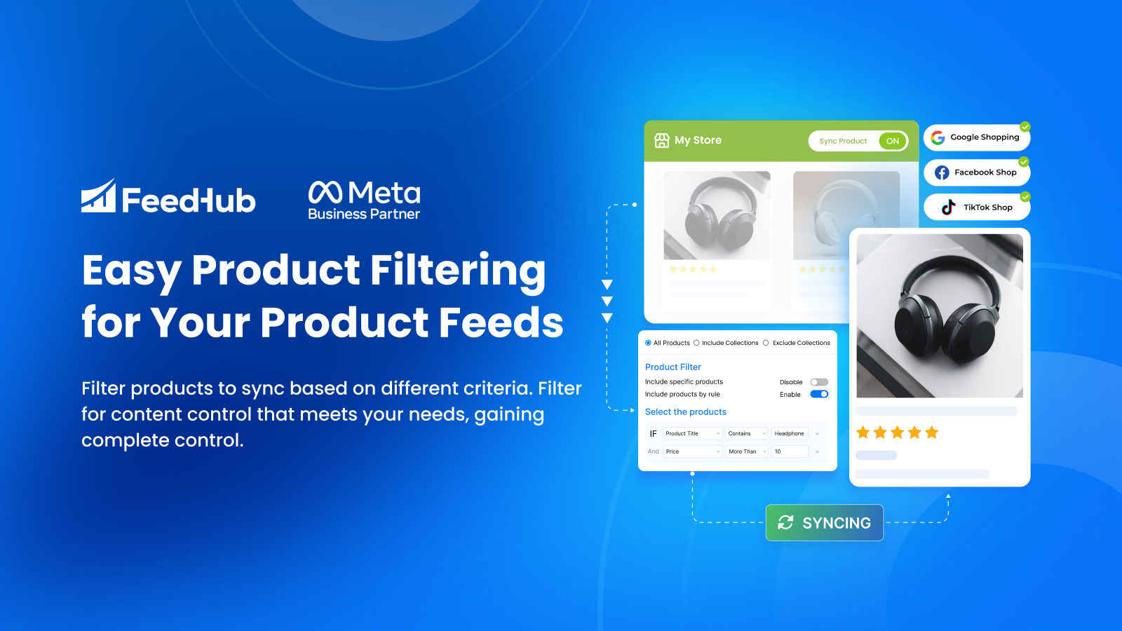 geavanceerd filter om producten te selecteren om te synchroniseren naar google facebook