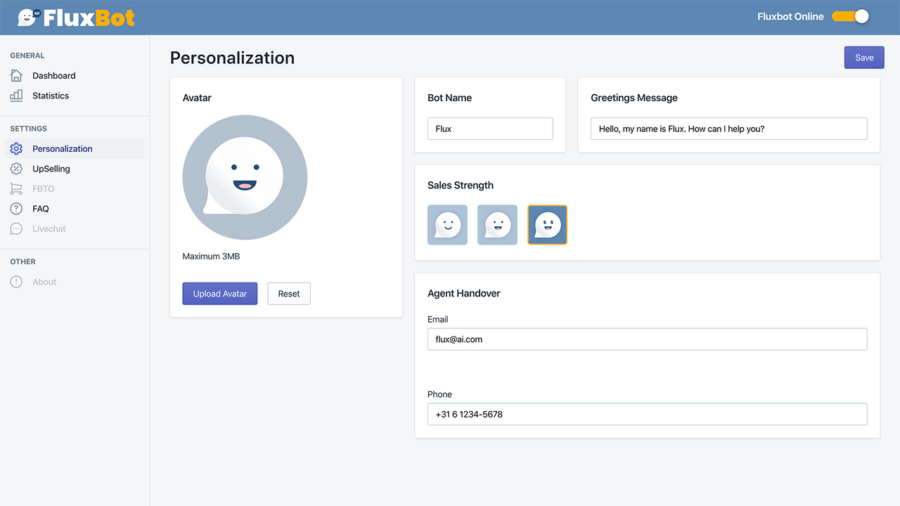 FluxBot Personalization Panel