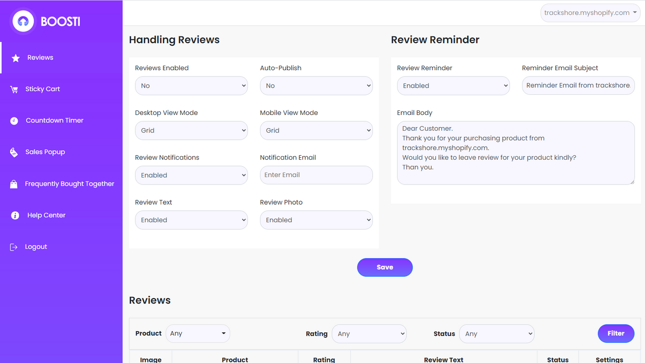 Product Reviews Setting