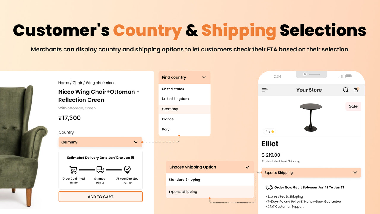 Country selection, shipping method option