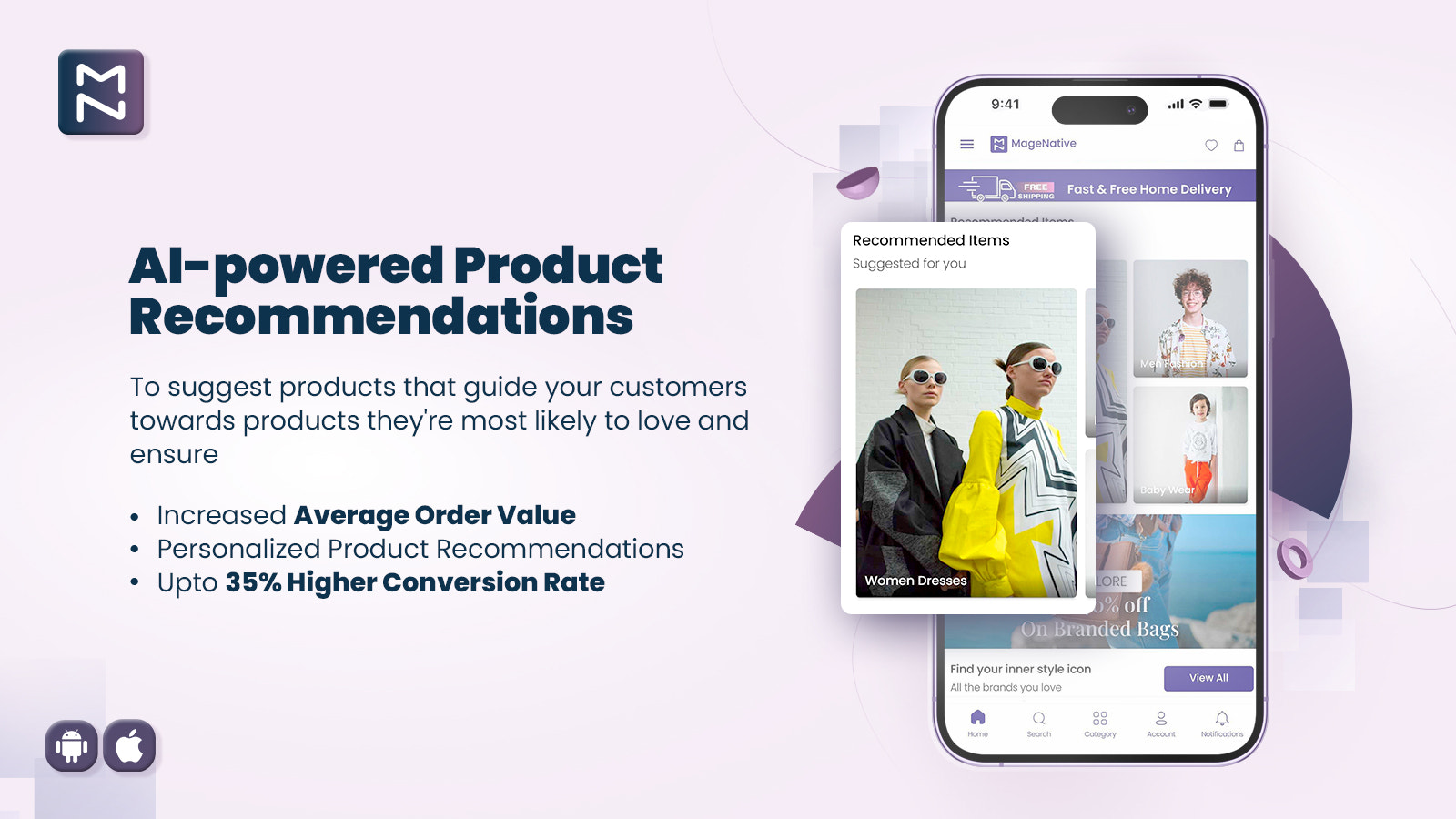 Magenative Shopify Mobile App AI product recommendations 