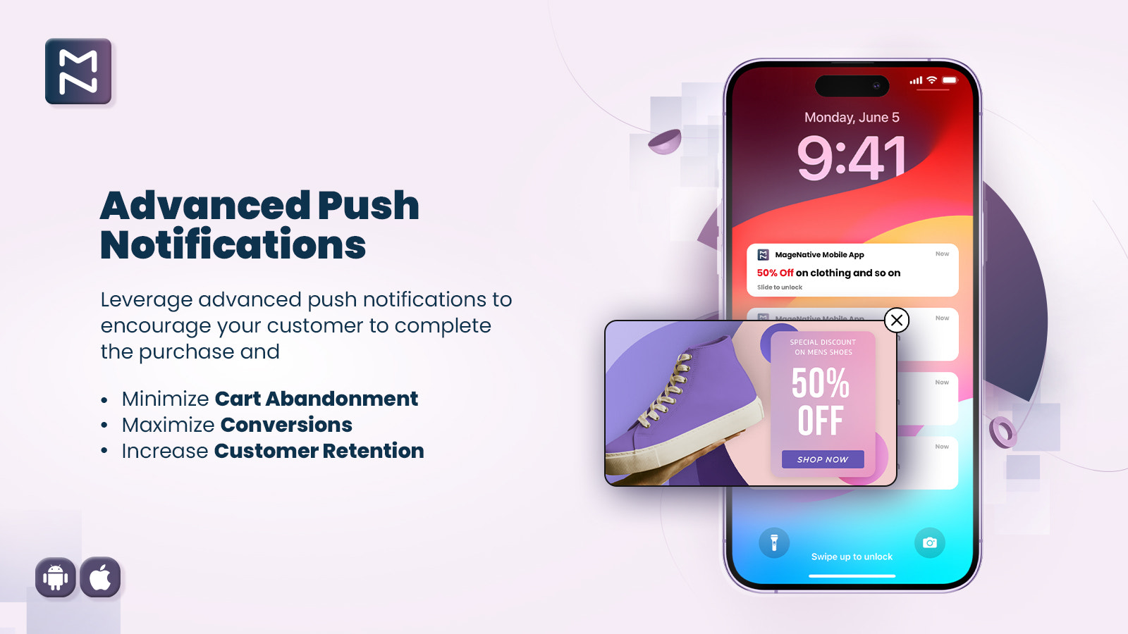 Notifications push avancées de l'application mobile Shopify de MageNative