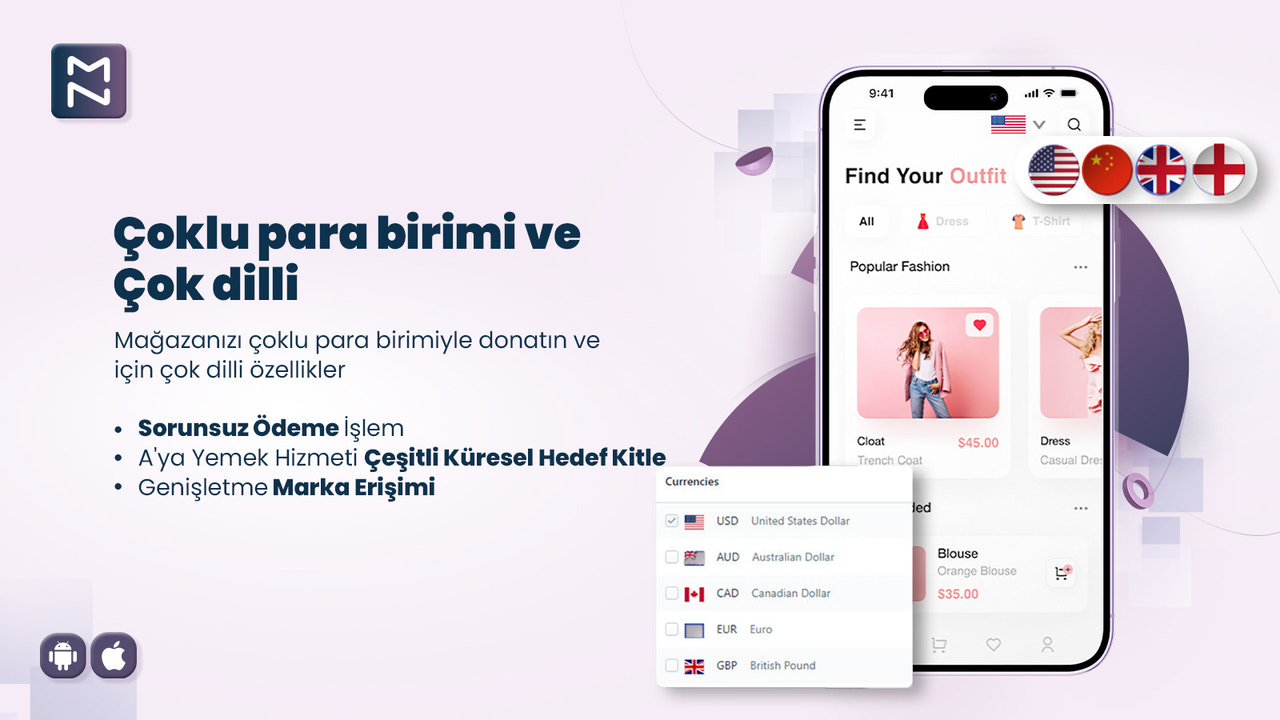 MageNative Shopify Mobil Uygulama çoklu para birimi ve çoklu dil