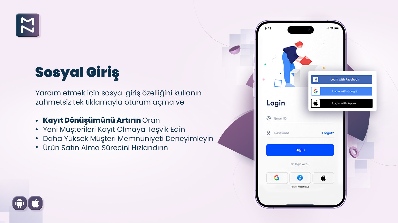 MageNative Mobil Uygulama sosyal girişler Facebook ve Google