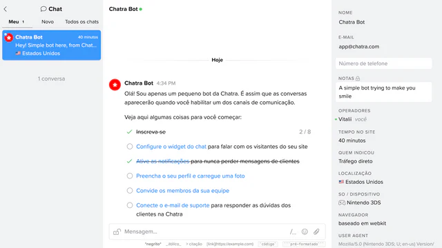 Mensagem de boas-vindas de Chatra Bot