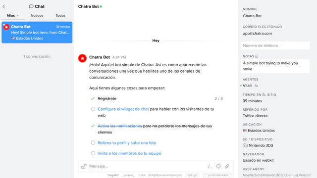 Mensaje de bienvenida de Chatra Bot