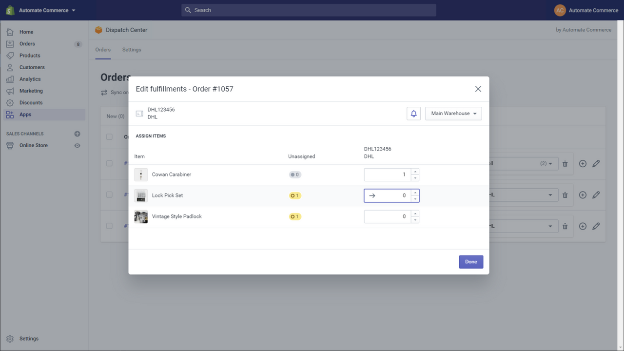 Capture d'écran de la modification des expéditions de commandes Dispatch Center