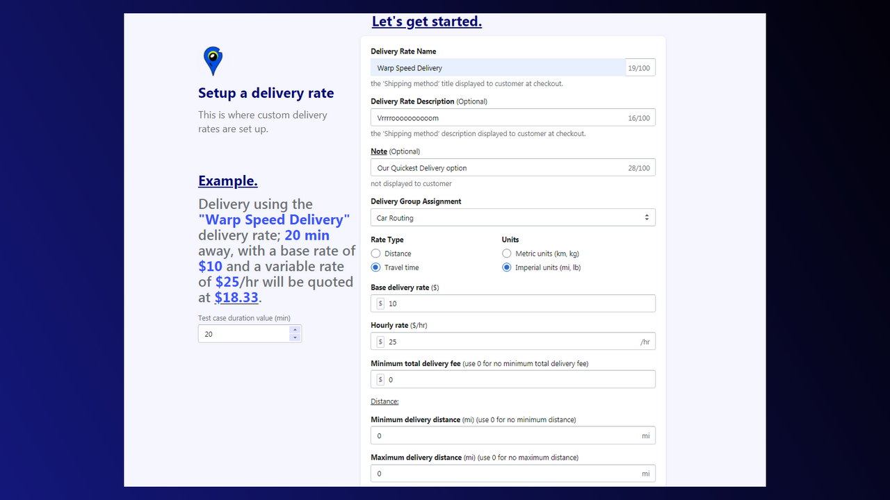 Raven - Interface utilisateur de configuration des tarifs de livraison personnalisés