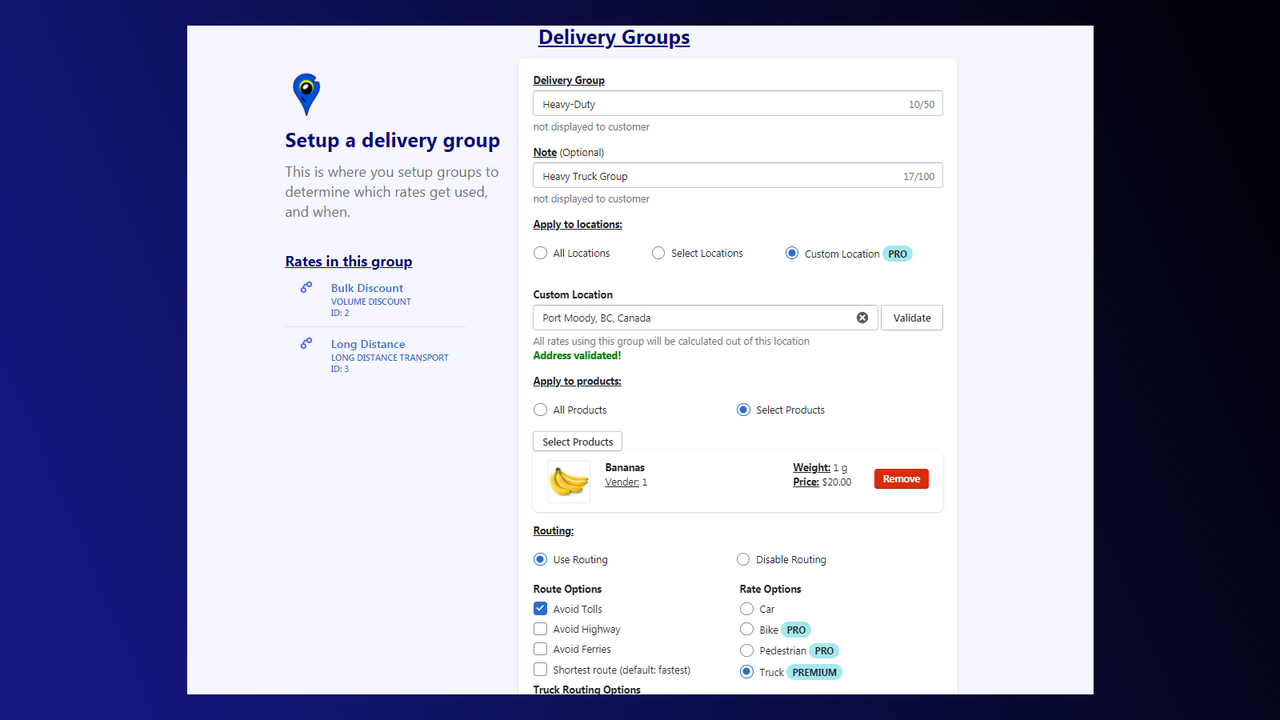 Raven - Interfaz de usuario de configuración de grupo de tarifas de entrega personalizadas