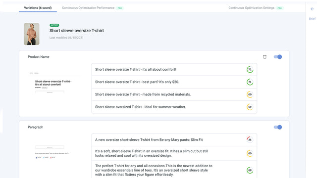 Select variations to continuously optimize on your product page.