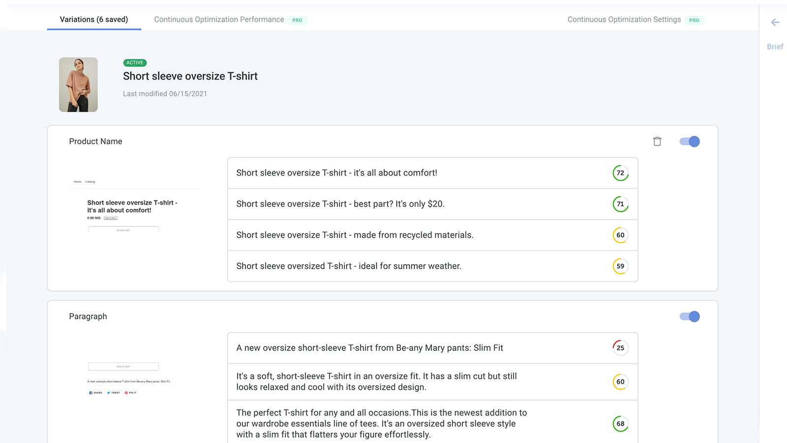 Select variations to continuously optimize on your product page.