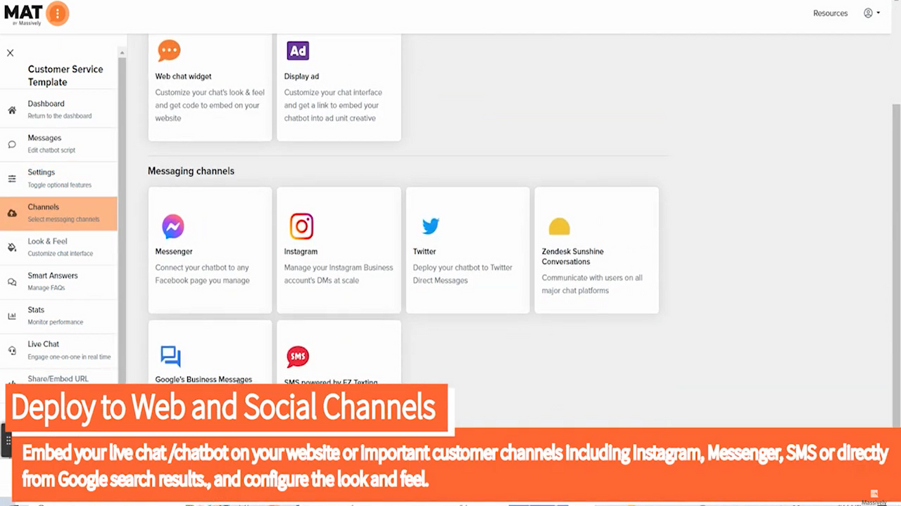 Implantação fácil em sites, Instagram, Messenger, Google & SMS