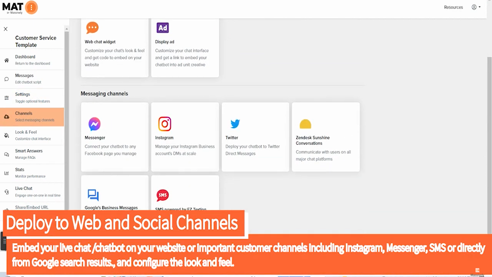 Implantação fácil em sites, Instagram, Messenger, Google & SMS