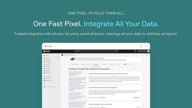 Un Pixel rápido. Integra todos tus datos. Google, FB, Segment.