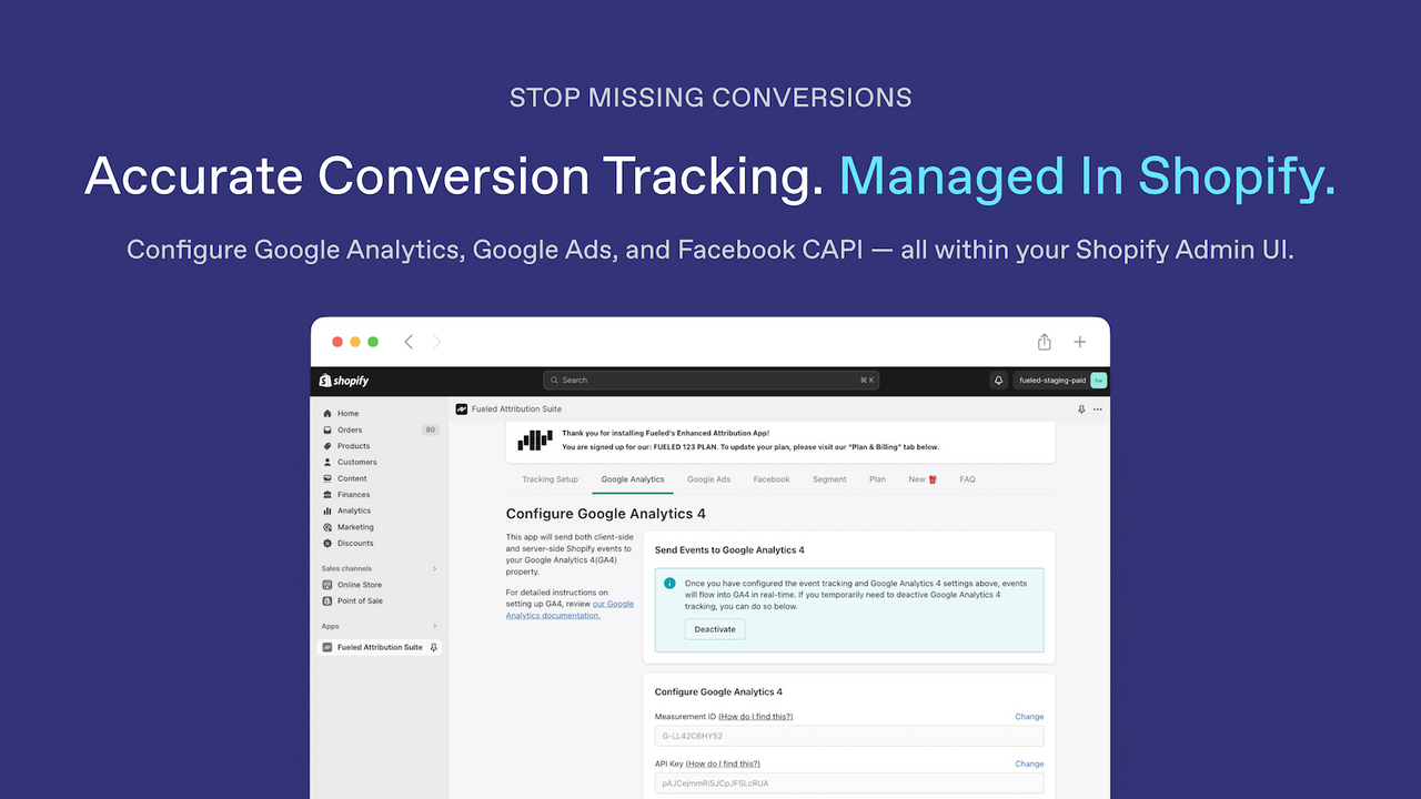 Accurate Conversion Tracking. Managed in Shopify's Admin UI.