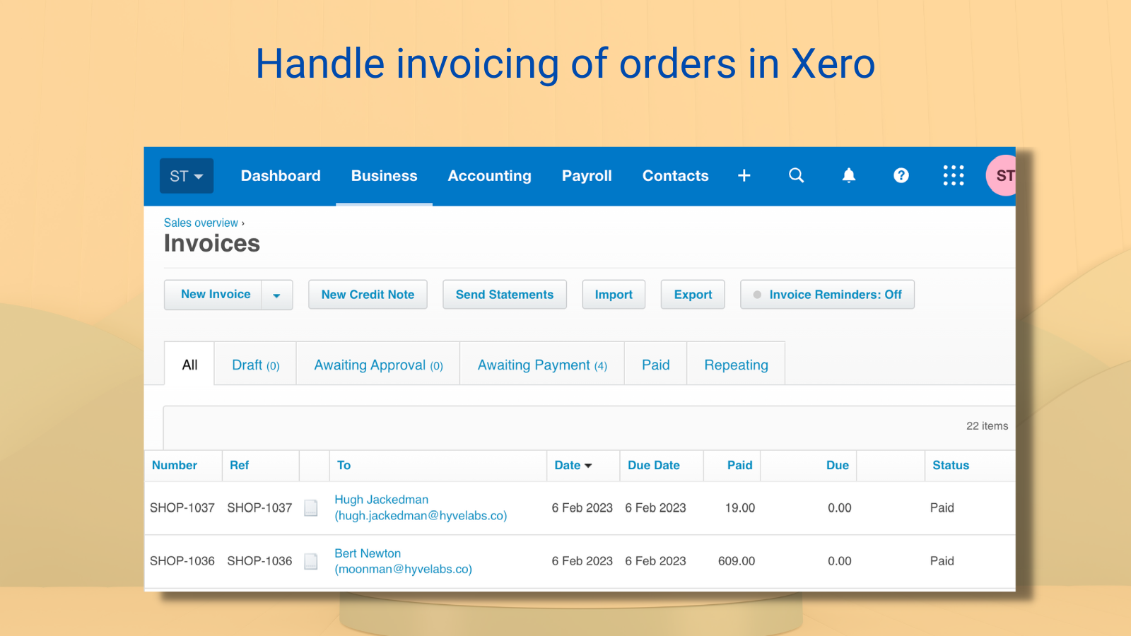 Gérez la facturation des commandes dans Xero. Idéal pour les magasins de vente en gros!