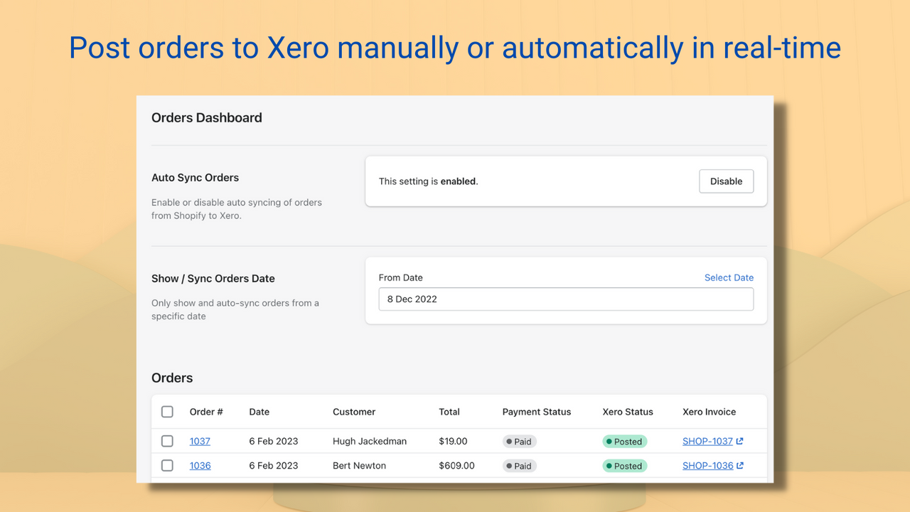 Poste pedidos para Xero em tempo real