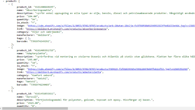 Parte do json com exportação de fabricante e fornecedor do produto