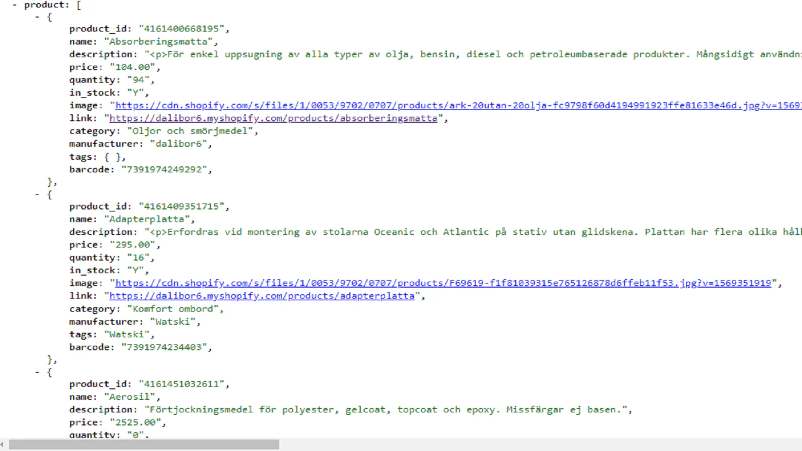 Parte do json com exportação de fabricante e fornecedor do produto