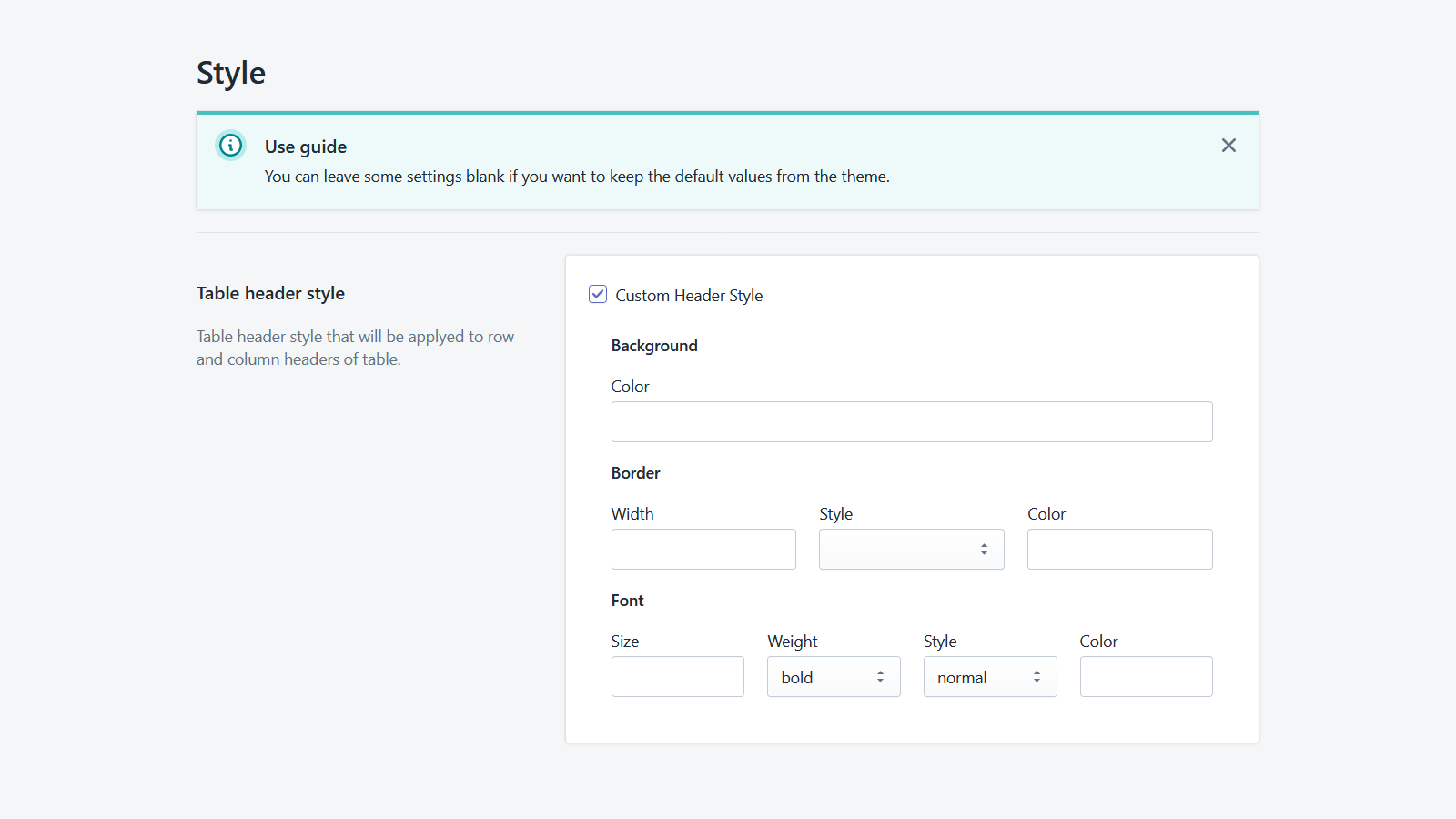 App table styling form for table header