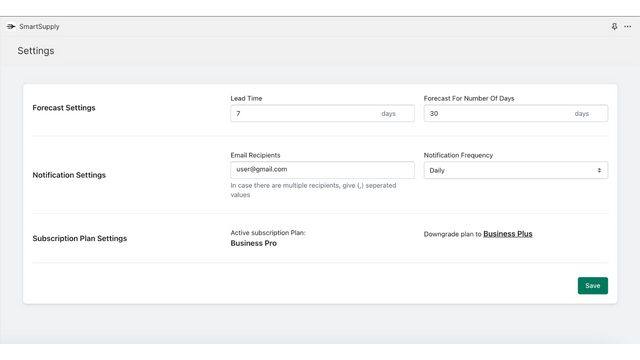 Configuraciones de la aplicación para pronóstico, notificaciones y plan de suscripción