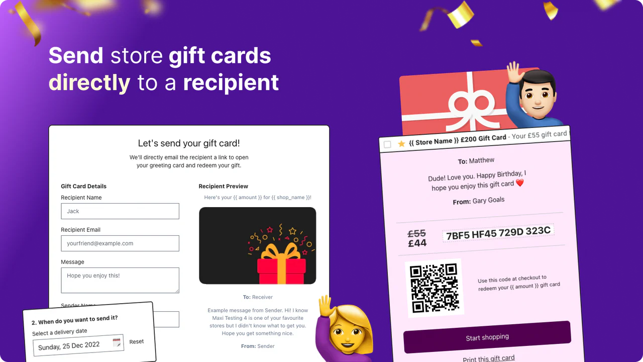 Modal de tarjeta de regalo mostrando configuraciones de envío