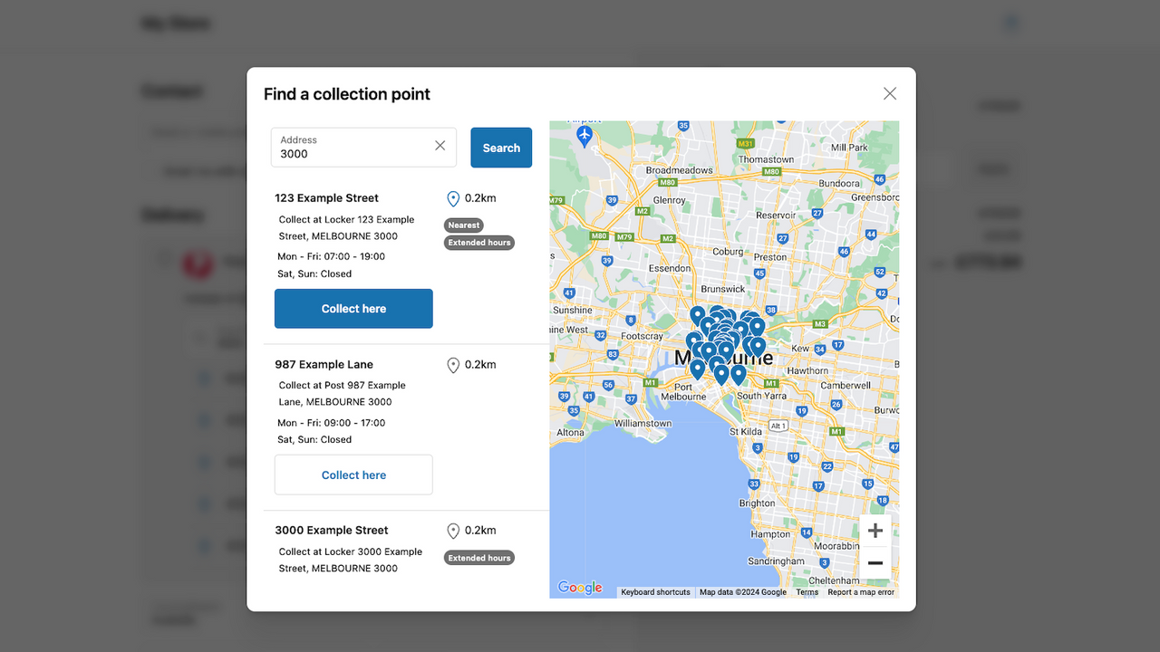 Le client peut se déplacer sur la carte pour trouver le point de collecte idéal