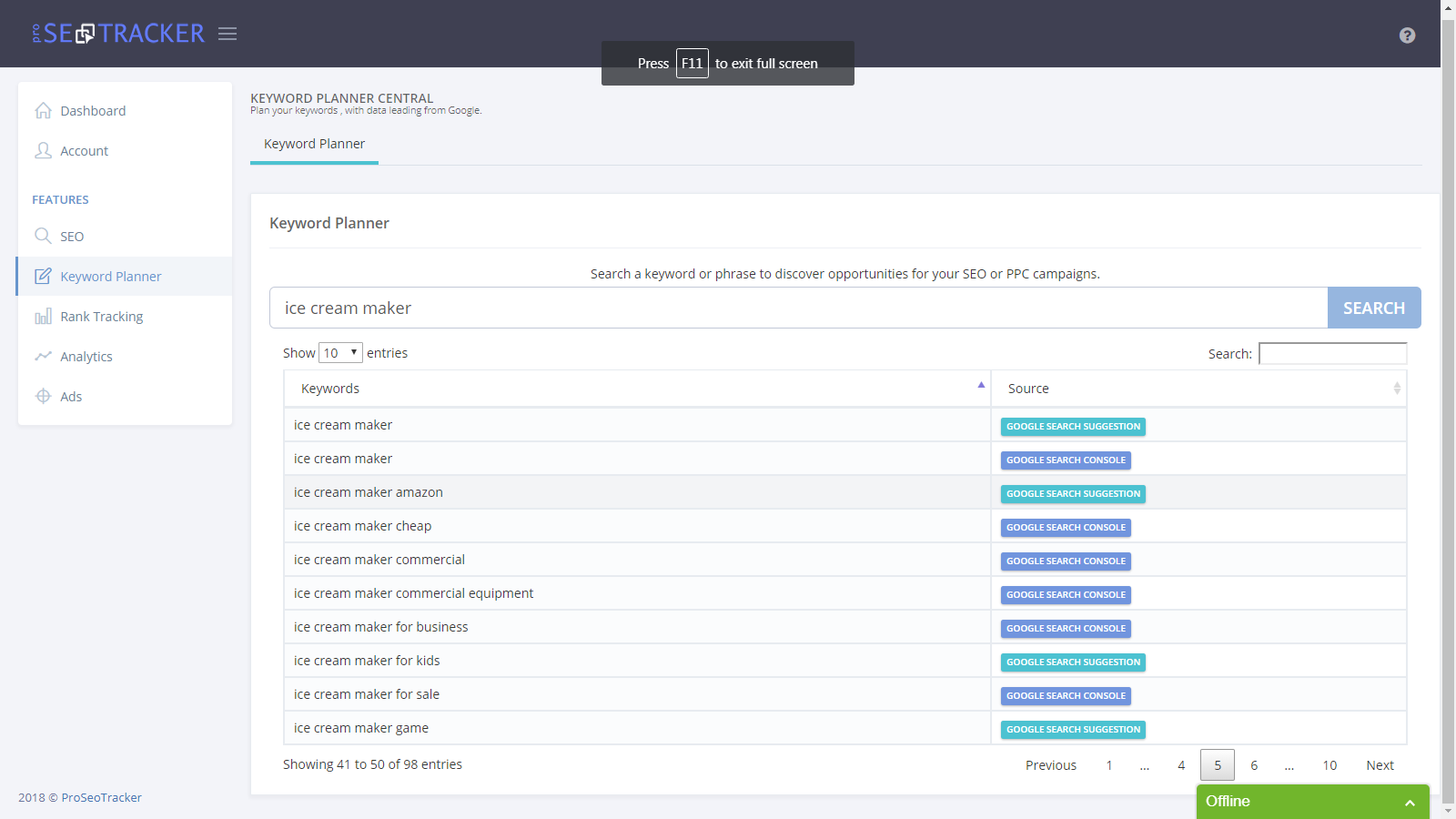 ProSEOTracker Keyword Planner