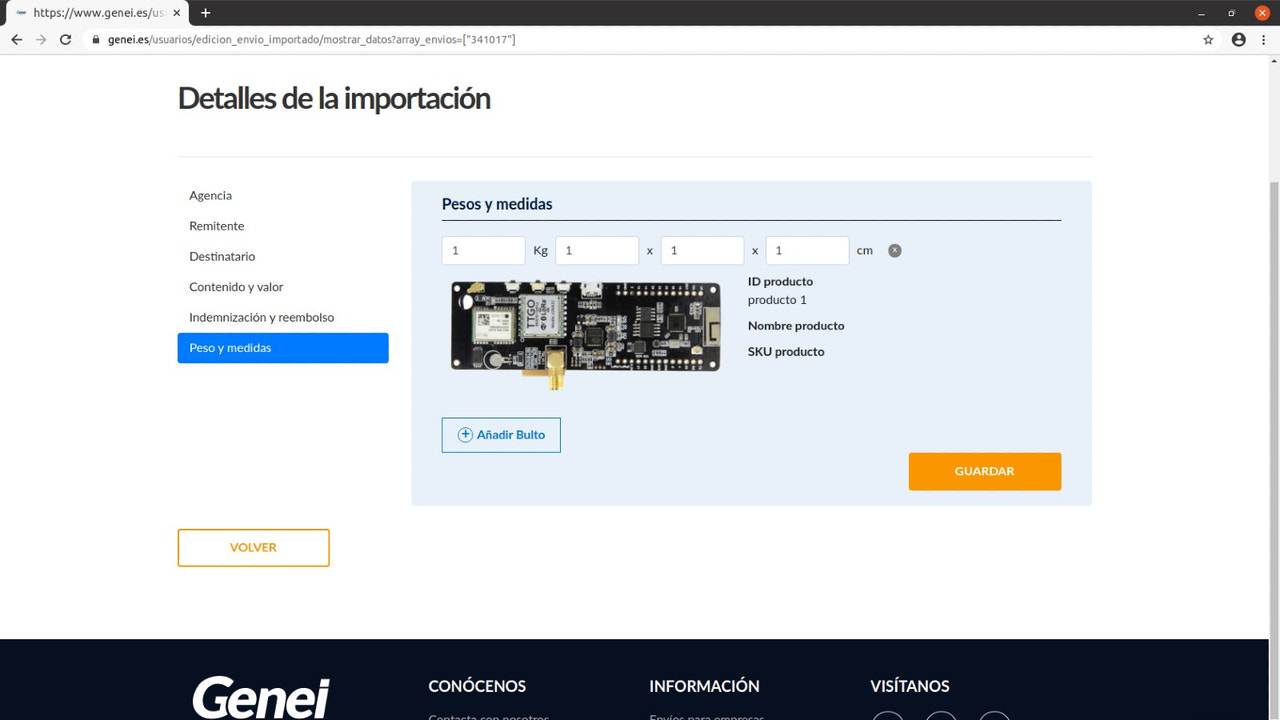 Modificación de datos del envío