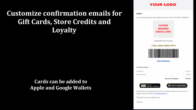 Confirmações de e-mail com marca personalizada para compra de Cartão Presente