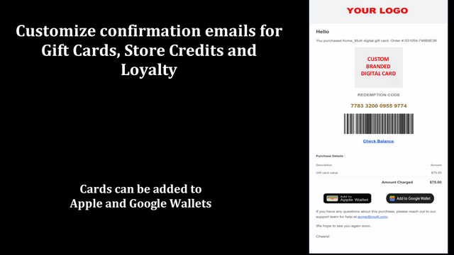 Anpassade varumärkesbekräftelsemail för köp av presentkort