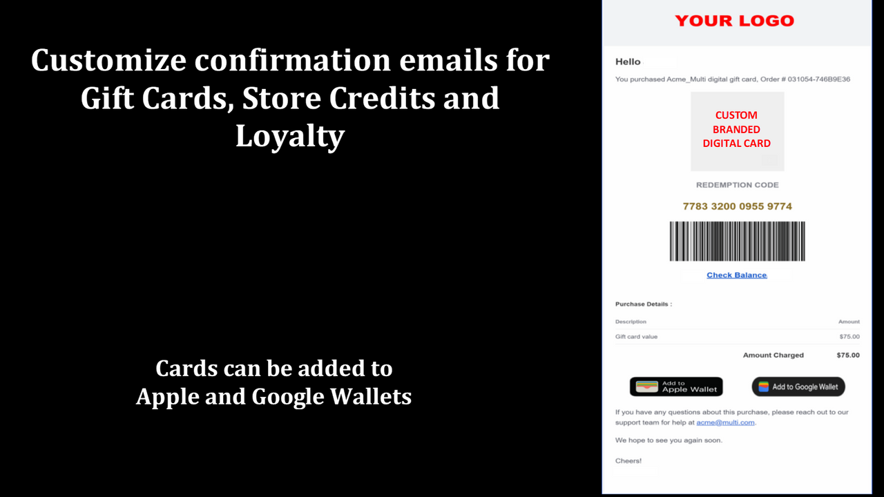 Confirmações de e-mail com marca personalizada para compra de Cartão Presente