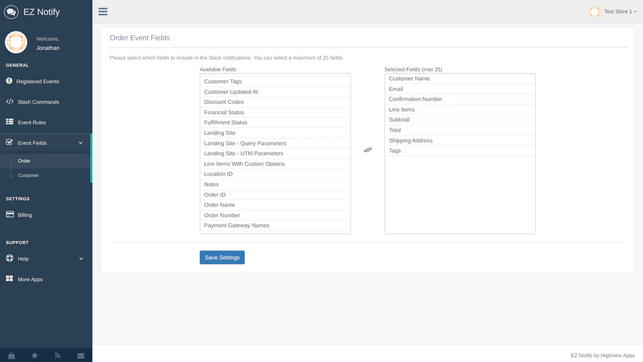 Order event fields.