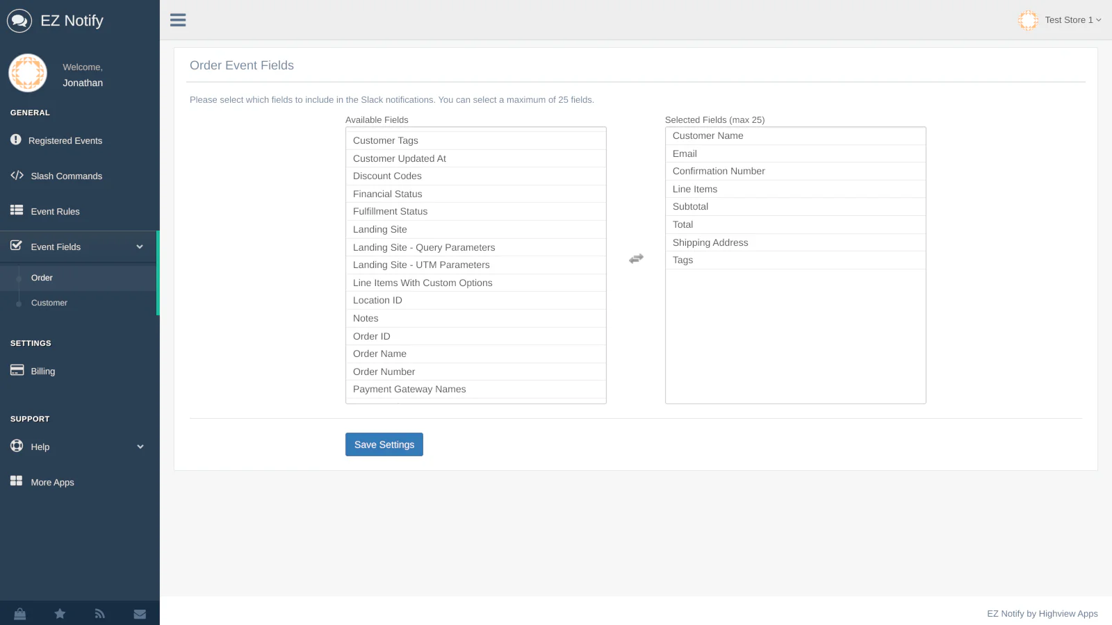 Order event fields.