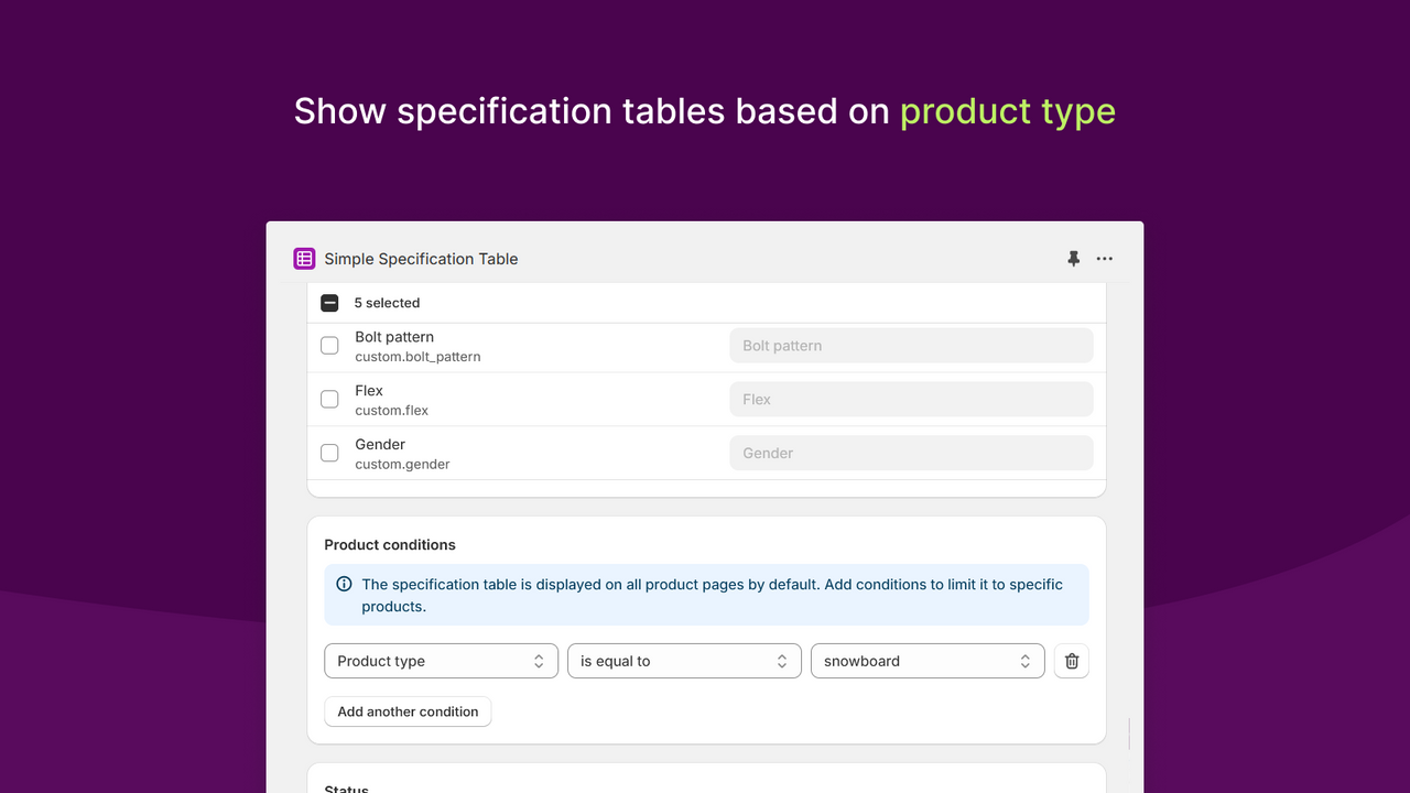 Mostre tabelas de especificações baseadas no tipo de produto