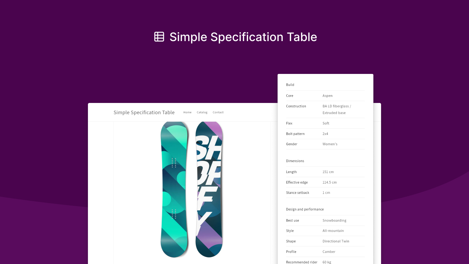 Simple Specification Table