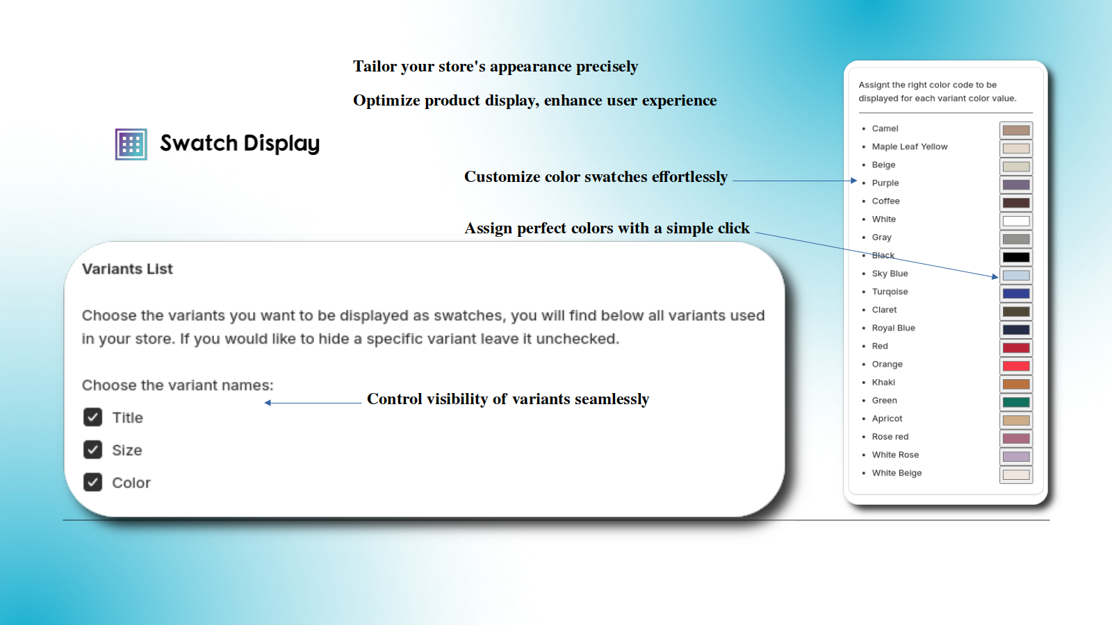 Assign color to colored swatches, control visibility of variants