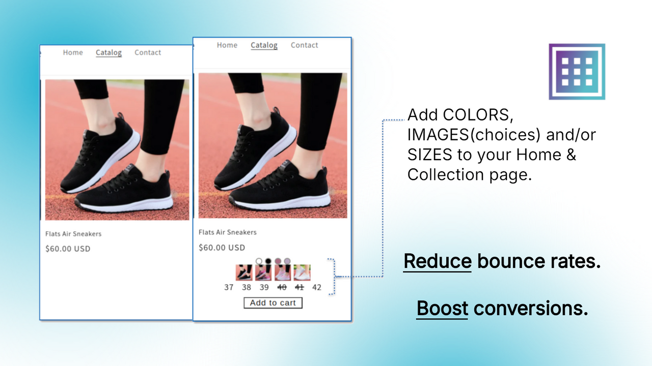 Catalog page with colored & Size swatch and Add to cart button.