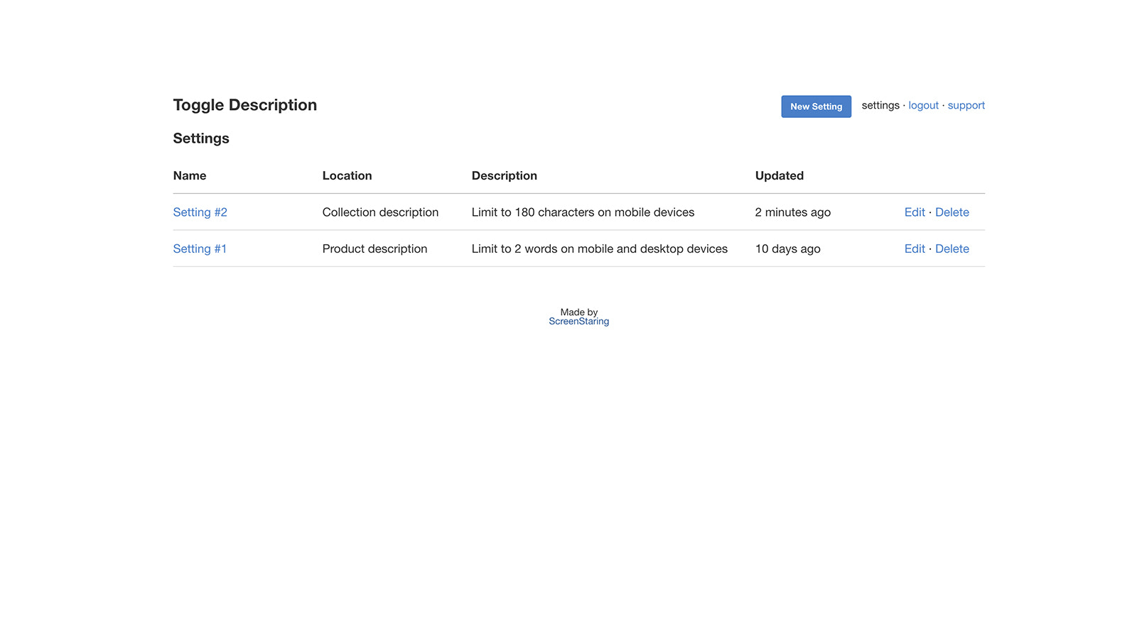 Liste der Einstellungen zum Umschalten von Sammlungs- und Produktbeschreibungen