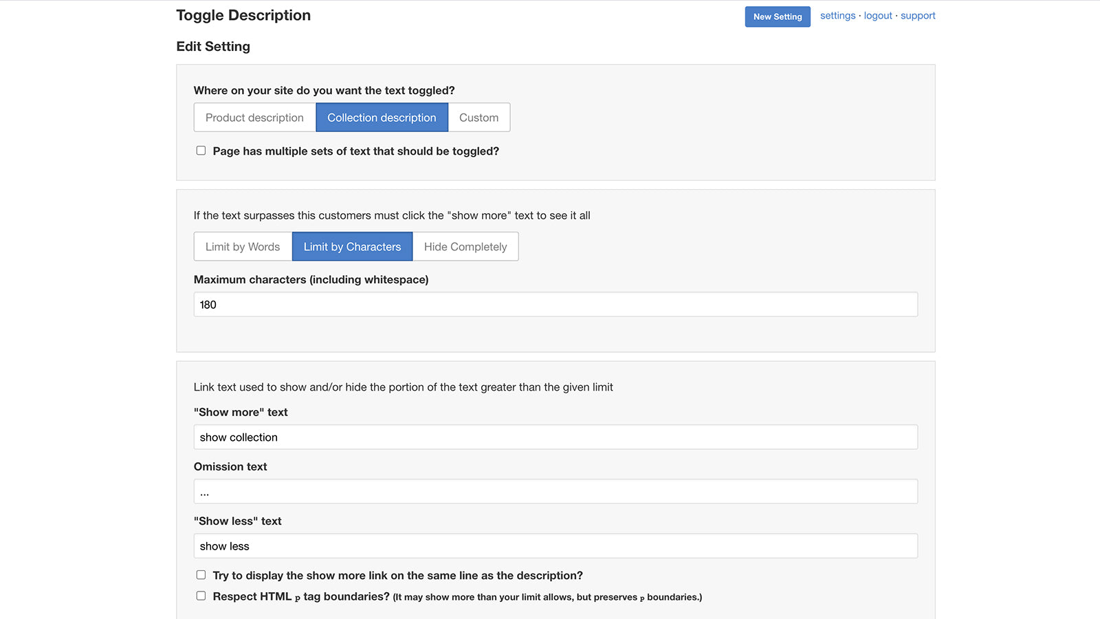 Edit collection or product description setting