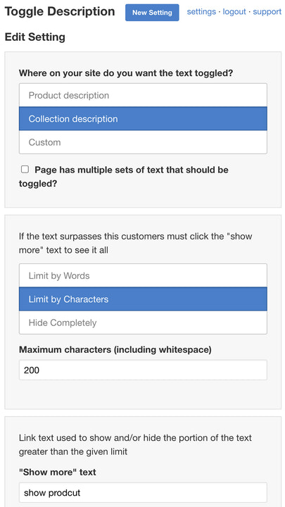 Editar configuração de descrição de coleção ou produto no celular