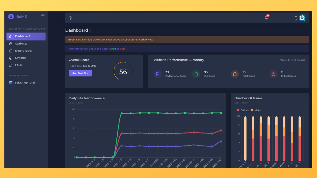 dashboard for product image optimizer, optimize lighthouse