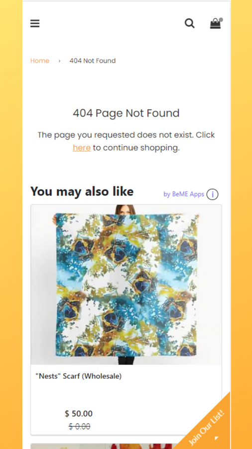 page 404 personnalisée, pages 404 riches, produit lié en 404 mobile