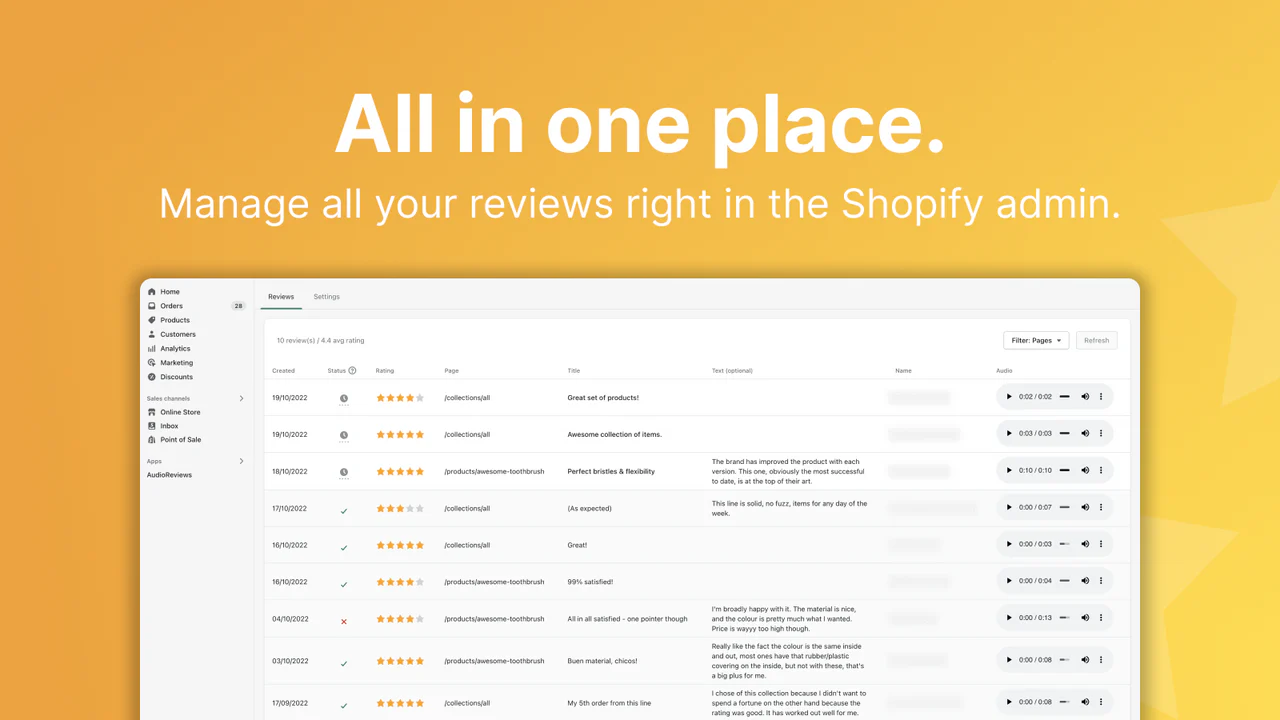 Reviews overview in the AudioReviews Shopify app