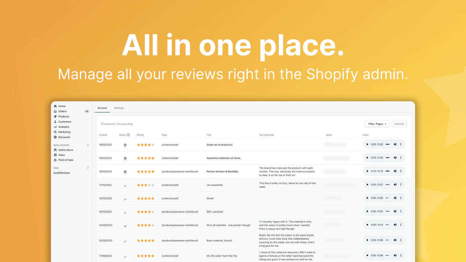 Reviews overview in the AudioReviews Shopify app