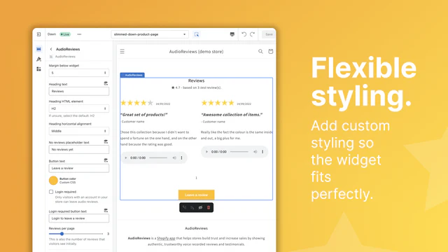 Añadiendo un estilo personalizado al widget de la aplicación AudioReviews de Shopify