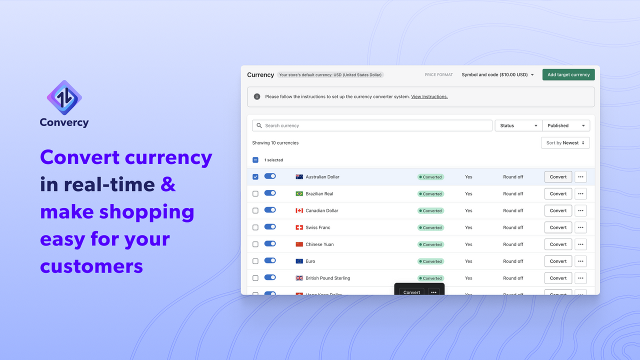 Add and manage currencies easily.