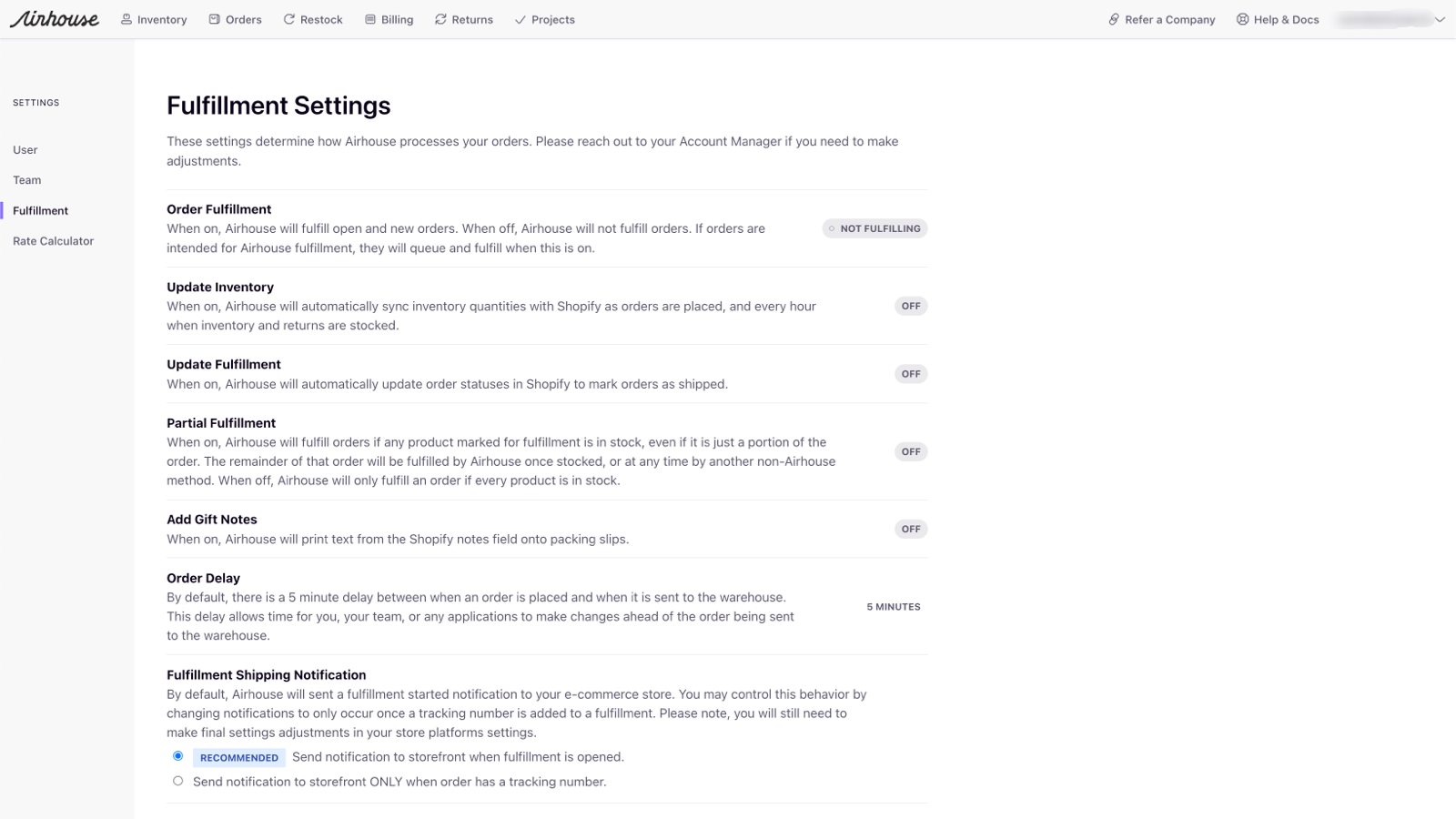 airhouse app fulfillment settings and logic