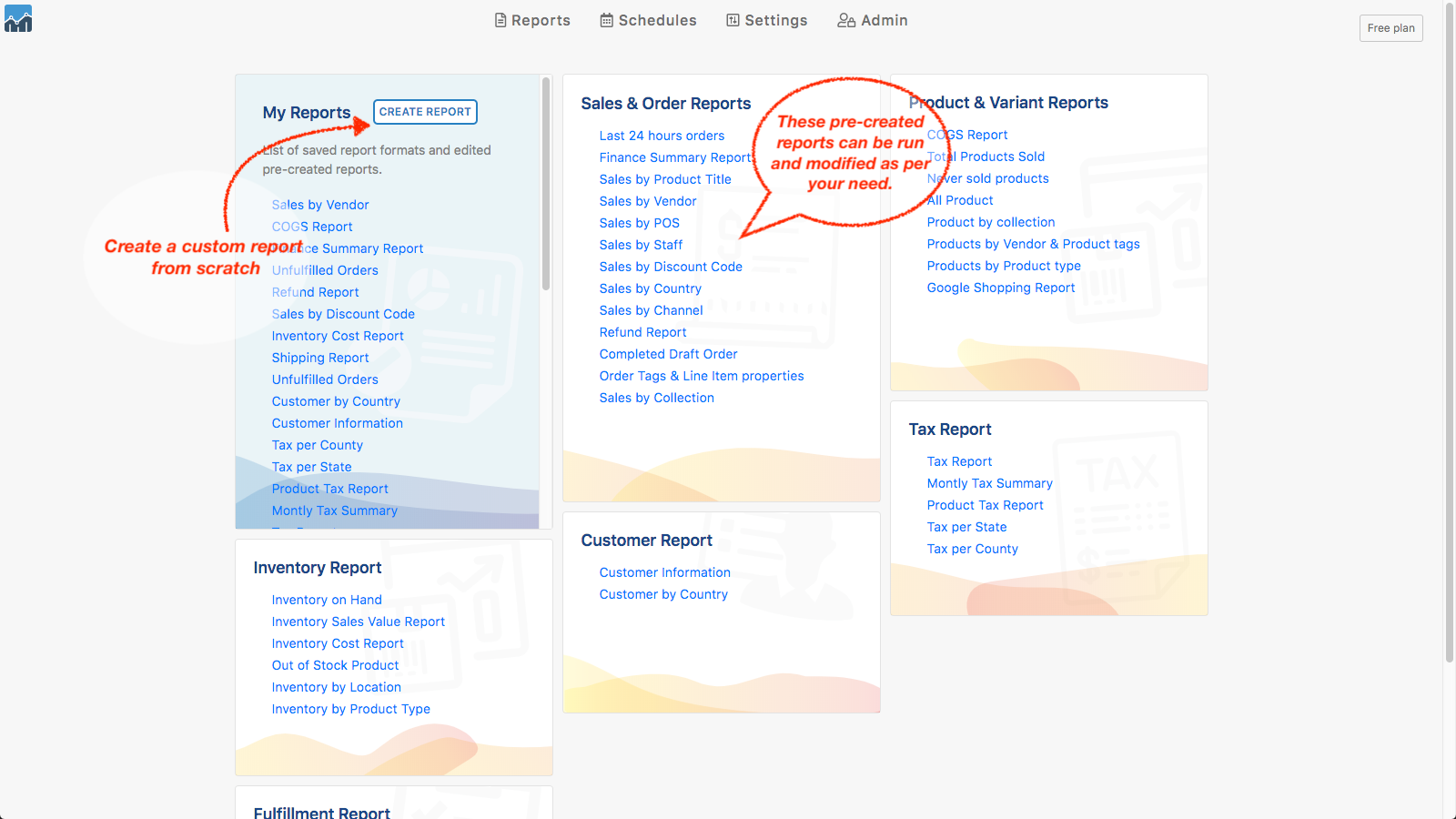 Precreated Reports like Orders Inventory Products Sales Taxes